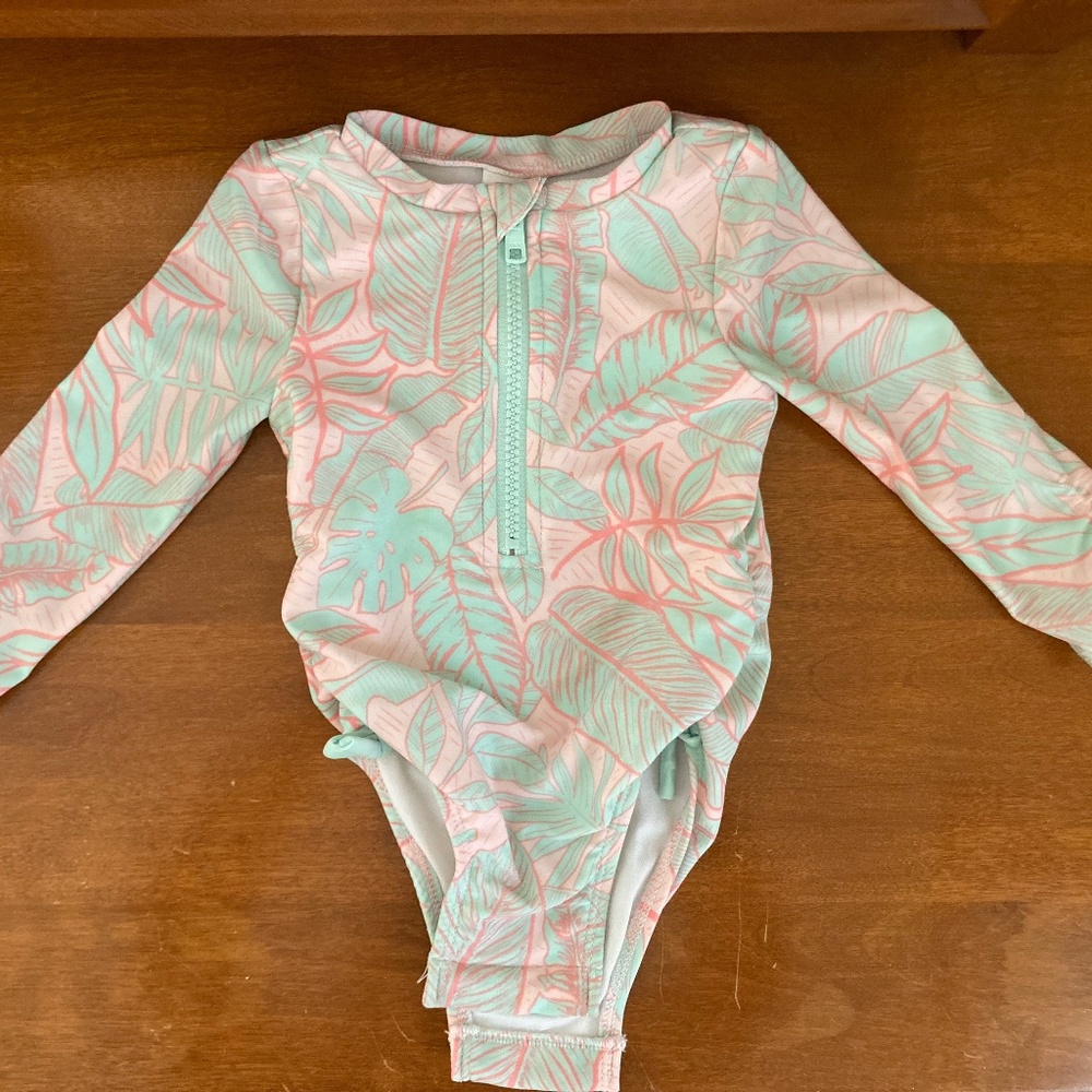 Cat & Jack Toddler swimsuit, 12 months, pink and green leaves, long sleeve